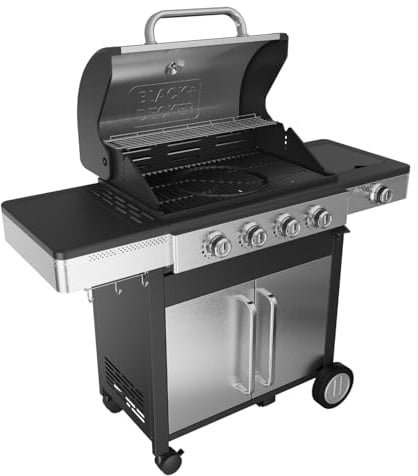 Black+Decker – Barbacoa de gas BXOG16550E | 4 quemadores 3,6kW + lateral 2,1kW | Parrilla hierro fundido | Limpieza fácil | Termómetro inox | Zona cocción flexible | Ruedas giratorias