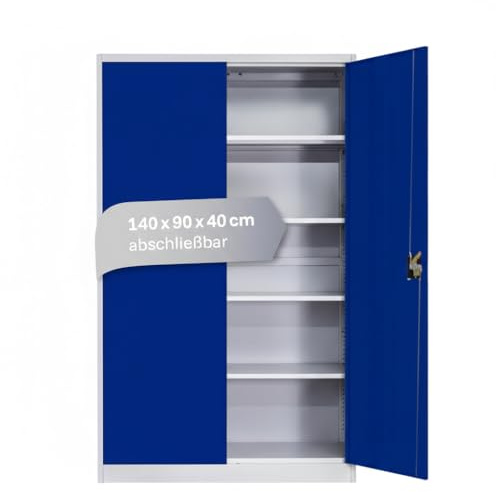 LagerZwei Mehrzweckschrank 140x90x40 cm I Aktenschrank blau-weiß | Büroschrank mit 4 Fachböden I Abschließbar I Möbel für Arbeitszimmer I Praktischer Metallschrank I Werkstattschrank