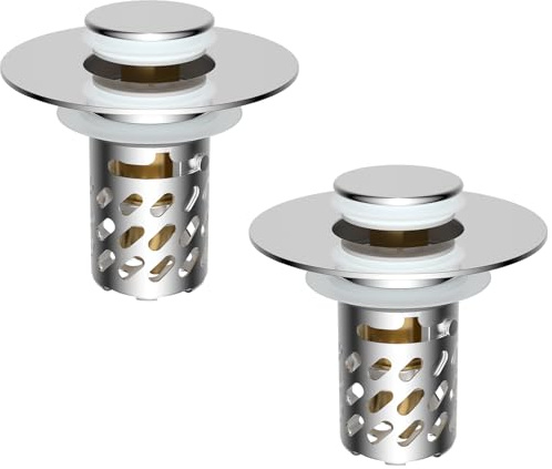 iFealClear 2PC Verbesserter 3 in 1 Stöpsel Waschbecken, Waschbeckenstöpsel Pop Up mit abnehmbarem Edelstahl-Filterkorb Haarfänger, Abflussstopfen für 30-46 mm Durchmesser,Tiefe > 50 mm, Chrom