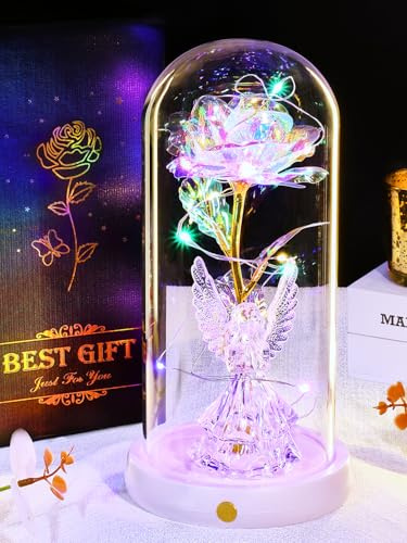 Mothers Day Galaxy Rose Gifts for Mum, Mother's Day Colorful Rose Gifts, Mothers Day Birthday presents Light Up Rose in Glass Dome for Mum Wife Crystal-Toned Angel for Anniversary, USB Charging