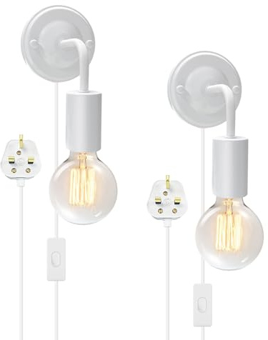 LAKONEI E27 Industrial Plug in Wall Lights 2Pcs White, Metal Vintage Wall Sconce with Curved Arm, Switch and UK Plug 180cm Cable, Modern Indoor Lighting for Bedroom Living Room (No Bulb)