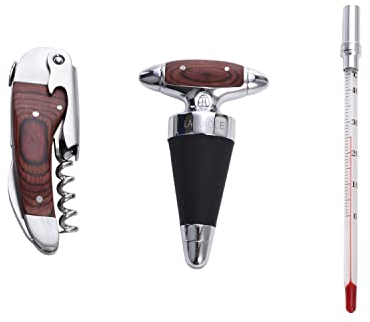 LAGUIOLE - Set 3 Accessori di Lusso per Vino - Cavatappi, Tappo, Termometro - Legno di Pakka - Confezione Regalo - Acciaio Inossidabile - Marrone Scuro