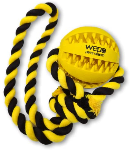 WEPO Wurfspielzeug Hund Gelb Ø7cm - Ball an Schnur - Hund Zahnpflege - Hunde Zubehör große Hunde - Hundespielzeug Tau zum Werfen, Zerren & Apportieren - Strick Schwarz/Gelb