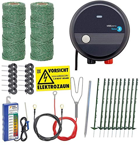 Hundezaun Komplettset 50m Elektrozaun, ideal für Einzäunungen in Ihrem Garten mit umfangreichem Zubehör, anschlussfertig mit 200m grüner Weidezaunlitze und Zaunprüfer, 10 grüne Pfähle 105cm