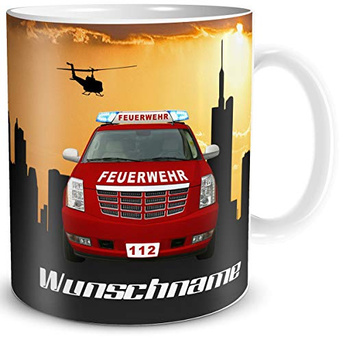TRIOSK Tasse Feuerwehr Auto lustig mit Name personalisiert Feuerwehrauto Geschenk für Beruf Feuerwehrmann Feuerwehrfrau Feuerwehrfans
