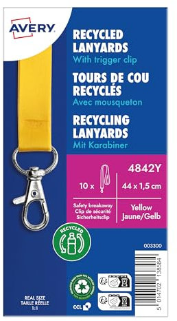 AVERY Zweckform 4842Y Lanyard 10 Stück (44x1,5cm, Kartenhalter mit Karabinerhaken-Sicherheitsverschluss, Schlüsselband für Ausweishülle, Kartenhülle, Namenschilder, Umhängeband, Nackenband) gelb