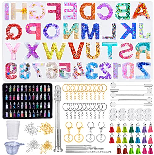 314 Pièces Kit de Moule en Résine de Silicone, Epoxy Alphabet Nombre, Lettre Moules 48 Couleurs Paillette avec Outils, pour Bricolage Bijoux, Porte-Clés, Gland Pendentif