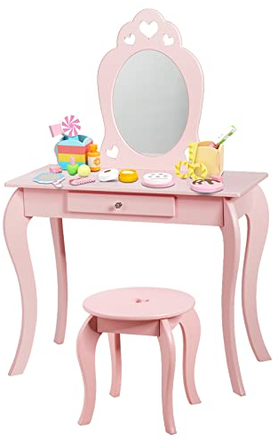 GOPLUS Schminktisch mit abnhembarem Spiegel und Hocker, Frisiertisch MDF und Kieferbeine, Antikipp-Schutz für Stabilität, mit Schublade, Kosmetiktisch im Landhausstil für Mädchen (Rosa)
