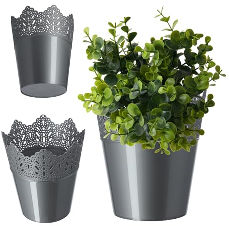 KADAX Spitzen-Blumentopf aus Kunststoff, 9 Farben, Blumentopf mit Spitzenmotiv, Blumentopfschutz für Büro, Topf, Gartenschale, Blumenkübel, Übertopf (⌀ 14,5cm, Niedrig, Silber)