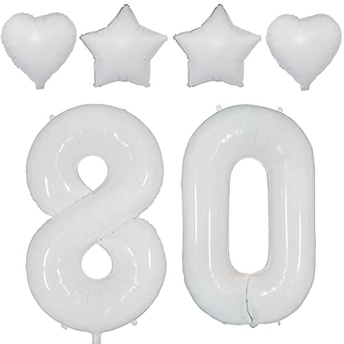 2 Luftballons Zahl 80 Weiß,40Nummer 80 Luftballon Weiß frau +Stern/herz Folienballon,Helium ballons 80. Geburtstag deko frau mann Folienballon 80 jahre Geburtstag dekoration frauen(80)