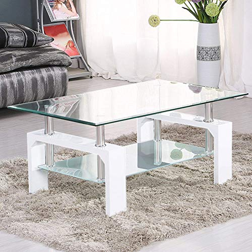 LEMROE Modern Rectangle Coffee Table with Metal Frame Tempered Glass Side Table with Storage Shelves Living Room Furniture (White)