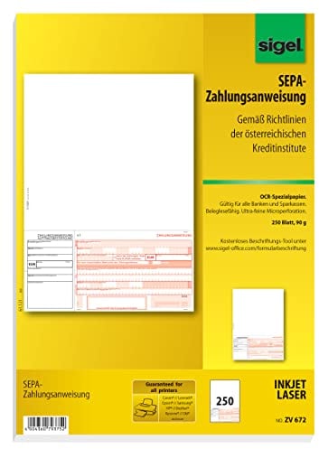 SIGEL ZV672 SEPA-Überweisungen Zahlungsanweisungen Österreich, A4, 250 Blatt, mit gratis Beschriftungsvorlage
