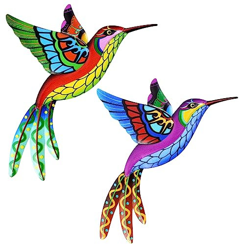 BEHAHAI 2 Pcs Metal Hummingbird Wall Art Decor, Wrought Iron Hummingbird Sculptures Hanging Decoration Colorful Bird Wall Ornaments Bird Wall Art Decor for Home Bedroom Garden Patio Porch or Fence