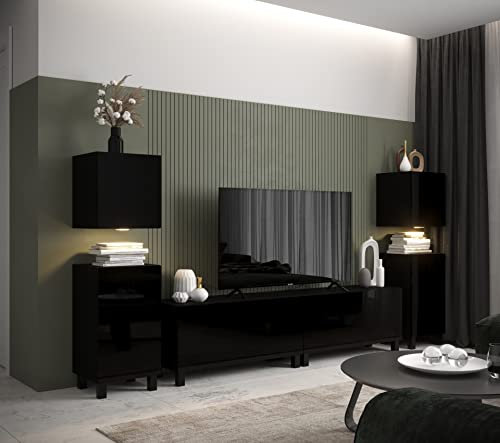 Furnitech Wohnwand Wohnzimmer | Wohnzimmer Möbel mit LED Blau | Hängend Wohnwand Modern | Wohnzimmer Schrankwand mit Regale und TV Schrank (AN106-21B-HG1-1B)