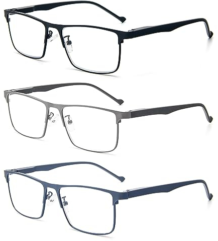 KoKoBin 3er-Pack Rechteck Lesebrille mit Federscharniere und blaulichtblockierende Lesebrille Leichtes Lesegerät für Herren und Damen mit Metallrahmen (3er-Pack, 1.5, diopters)