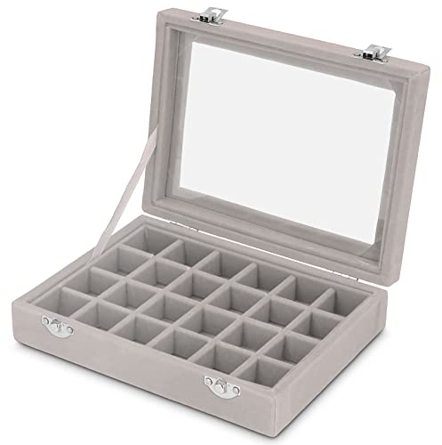 HOHXFYP Joyero, 24 Compartimentos Peque?o Organizador de Joyas de Terciopelo con Cubierta Vidrio Acr¨ªlico Transparente, Caja de Almacenamiento Lujo con Cerradura para Aretes Anillos y Collares(Gris)