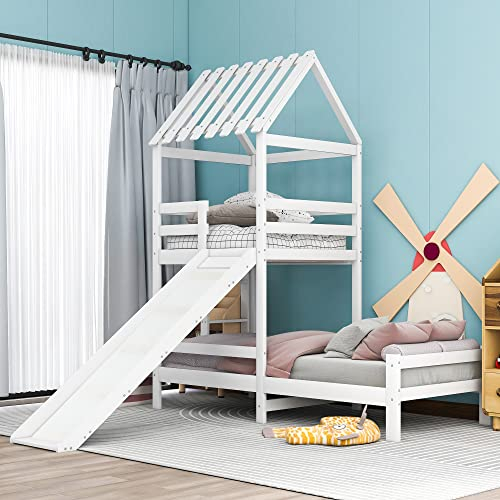 Rutschbett mit mit rechtwinkliger Leiter, Hausbett mit Dach, Kinderbett, Spielturmbett mit Fallschutz und Gitter, Rahmen aus massiver Kiefer, weiß (200x90cm & 100x90cm)