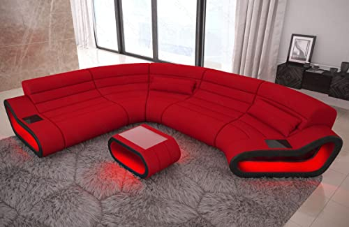 Sofa Wohnlandschaft Concept C Form - mit LED Beleuchtung, verstellbare Kopfstützen, Ottomane/Mikrofaser/Ausrichtung wählbar (Ottomane Links, Schwarz-Rot)