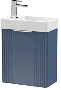 nuie FLT390 Deco Compact Modern Bathroom Wall Hung Part Fluted 1 Door Slimline Vanity Basin Unit with Ceramic Basin, 400mm, Satin Blue