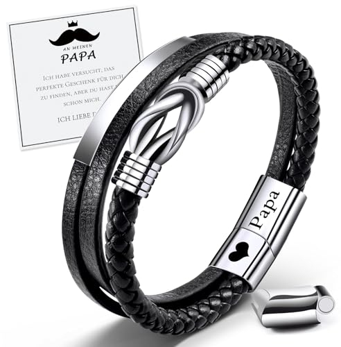 MANVEN Papa Armband Geschenke für Papa Vatertag Geschenk Herren Lederarmband Aus Edelstahl Graviert mit Herren Männer Vatertag Armband Geburtstag Weihnacht