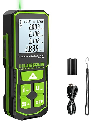 Green Laser Distance Meter 120M/393ft, Huepar Digital Meter with LCD Display, Rechargeable Battery and Dual Angle Display, Pythagoras/Distance/Area and Volume S120-G
