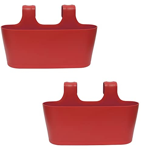 ENGELLAND 2 x Blumenkasten zum Auf-Hängen, Farbe: Rot, Blumentopf, oval, Balkon, Übertopf, Pflanzkasten, mit Wasserspeicher/Wasserauffangschale