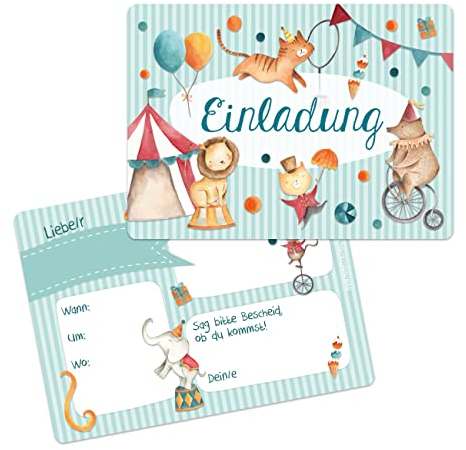 Papierdrachen 12 Einladungskarten zum Geburtstag für Kinder - Motiv Zirkus - Geburtstagseinladungen für deine Geburtstagsparty (DIN A6 mit abgerundeten Ecken)