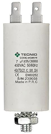 TECNID MG8070 Permanent pour Moteurs 7µF 450V. Écrou M8 Puissance. Le condensateur de démarrage est dans Un boîtier cylindrique en polypropylène. Connexion électrique Via 4 bornes, Blanc