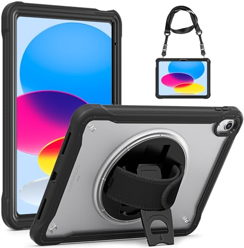 Gerutek Hülle für iPad 10. Generation 10,9 Zoll 2022, Robuste Stoßfeste Schutzhülle mit Klarer Rückseite 360° Drehbar Stände Handschlaufe Schultergurt, Panzerhülle für iPad 10.Gen 10,9, Schwarz