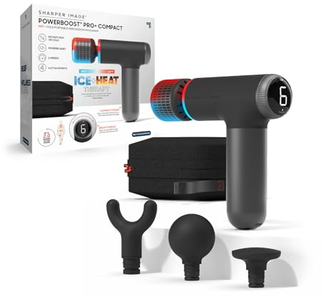 Sharper Image® Powerboost® Pro+ Hot & Cold Compact Deep Tissue Massage Gun - 6 Speed, 4 Attachments, Travel Case| Soothing Heat & Cold Therapy| Portable Lightweight Full Body Shoulder & Back Massager