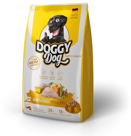 DOGGY Dog Geflügel Puppy / Junior, 10 kg, Trockenfutter mit hohem Fleischanteil für junge Hunde, getreidefreies Hundefutter mit Lachsöl, Made in Germany