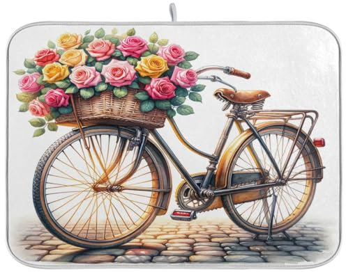 Abtropfmatte, Vintage-Fahrrad mit Blumen, saugfähig, schnell trocknend, für Küche, Theke, Urlaub, Heimdekoration, groß, 45,7 x 61 cm