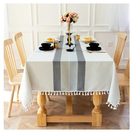Gualiy Tischdecke Esstisch, Tischtuch 140x300CM Polyester Tischdecke Abwaschbar Antirutsch Streifen mit Quasten Tischdecken für Holztisch, Grau