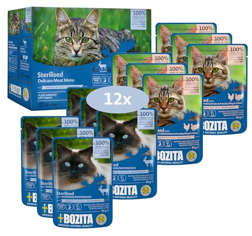 Bozita Sterilised Nassfutter Häppchen in Sauce mit Fleisch - 12x85g Portionsbeutel getreidefreies & weizenfreies Futter für Katzen - Katzen Nassfutter mit 8,5% Protein & 3,5% Fettgehalt