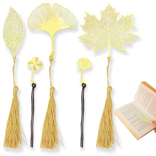 Lesezeichen Metall, 5 Stück Gold Leaf Lesezeichen Geschenke für Kinder Mädchen Junge Erwachsene, Bookmarks mit Quasten Anhänger zum Lehrer, Studenten, Buchliebhaber Lesen Zubehör