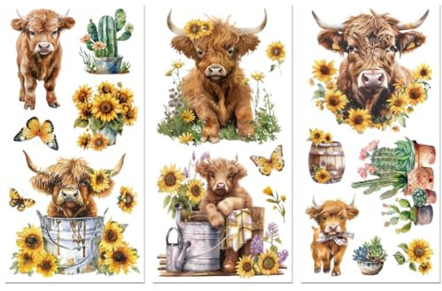 Peacoblue UV DTF Rub-On Transferfolie Möbel-Sticker Hochlandrinder Muster 15x30cm, 3 Stk. Wasserfeste Deko-Transferaufkleber für Möbel Glas Gläser Porzellan Wäscheschränke Kommoden Holz Kunststoff