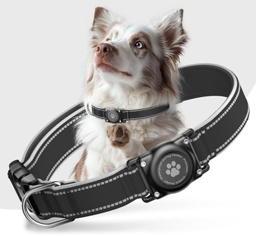 Airtag Hundehalsband - 100% Wasserdicht Air Tag Hundehalsband Halter für Apple AirTag, Reflektierend, Weich Gepolstert, Langlebig Halsband Hund für Mittel Große Hunde (Schwarz, L (12.6-18.1))