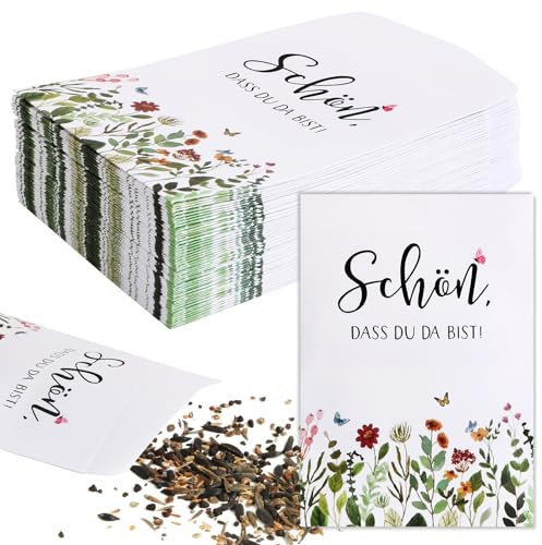 BOFUNX 50 Stück Schön dass du da bist Samentüten Gastgeschenke Hochzeit Blumensamen Geschenktüten Papiertüten Blumensamen Verpackung für Hochzeit Taufe Kommunion Konfirmation Geburtstag