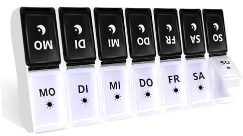 JANUIXCO Tablettenbox 7 Tage Morgens Abends - Pillendose 7 Tage 2 Fächer Abnehmbar, Frei von BPA - Medikamentenbox 14 Fächer Einfach zu Öffnen, für Unterwegs (Schwarz Weiß)