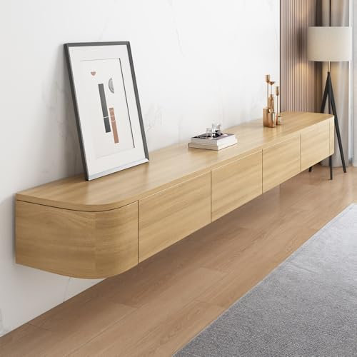 Meuble TV flottant en bois massif de 180,1 cm à fixation murale, unité de rangement multimédia pour salon, banc TV moderne suspendu et console, décoration d'intérieur élégante, couleur bois