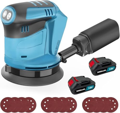 Cordless Sander, Compatible with Makita DBO180ZJ 18V,with 2X 3000mah Batteries, 3 Variable Speed Random Orbital Sander, 12pcs Sandpapers, Ideal for DIY, Sanding Down & Finishing Wood