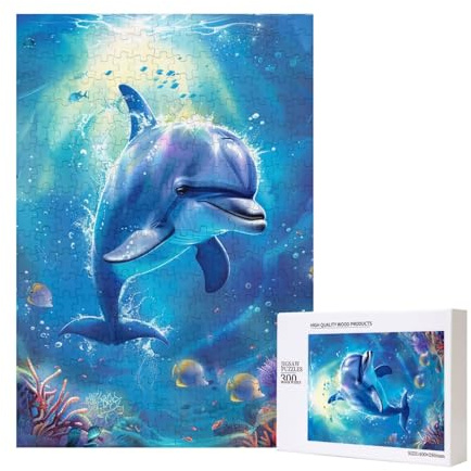 Niedliches Delfin gedrucktes Puzzle mit Aufbewahrungsbox, Holzpuzzle für Erwachsene und Kinder, 300 Teile Familienspaß, dekoratives Spiel