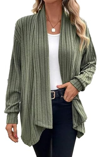 Chicrise Cardigan Donna Casuale Autunno Maglioncino Fronte Aperto Maglieria Spolverino Solido Comodo VerdeMilitare Medio 38-40 M