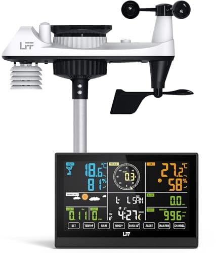 LFF 7-In-1 Wetterstation Funk mit Außensensor, 7,5-Zoll-Display | Funkwetterstation mit DCF-Funkuhr, Wetterstation mit 4 Helligkeitsstufen, UV-Index,Windmesser, Regenmesser, Wettervorhersage