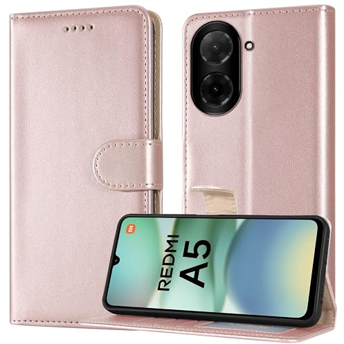 PIXFAB Étui portefeuille en cuir pour Xiaomi Redmi A5, étui portefeuille à rabat magnétique, [protection RFID et 3 emplacements pour cartes] et [béquille] - Or rose
