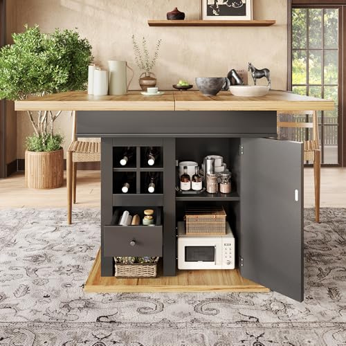 SogesHome Extendable Dining Table with Storage (110–140×80 cm), Telescopic Foldable Kitchen Table for 4–6 People, Space-Saving Dining Table with Wine Rack, Drawers & Adjustable Shelves, White