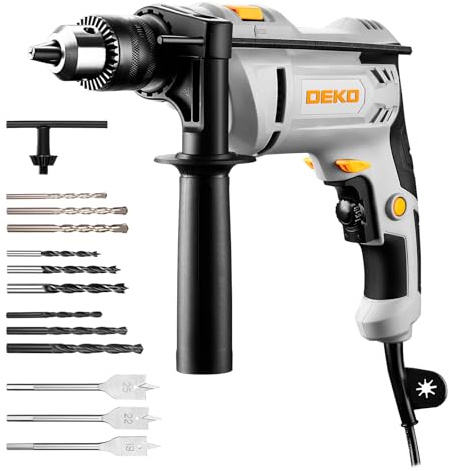 DEKOPRO Taladro Percutor con Cable de 900W: Taladro Percutor de 6 Velocidades, 3000 RPM, Portabrocas de 13 MM, Mango Giratorio de 360°, Incluye 12 Brocas, Apto para Madera, Metal y Hormigón