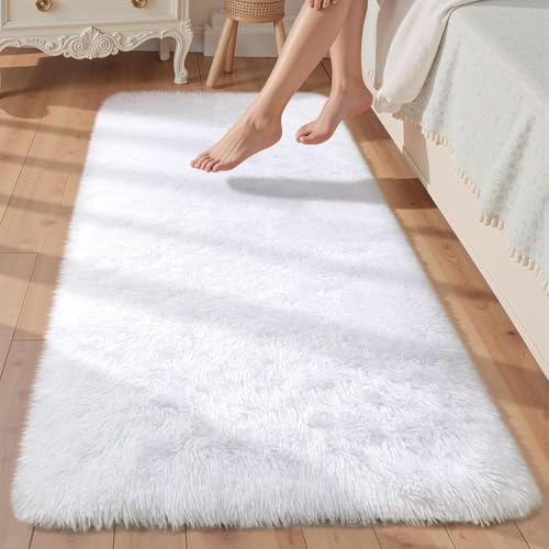 Treeboy Hochflor Teppiche Weiß Teppich Wohnzimmer 80x160 Schlafzimmer | Rutschfest Schlafzimmer Teppich Waschbar Flauschiger Wohnzimmerteppiche Zottelige Weich Teppiche für Kinder Wohnzimmer Läufer