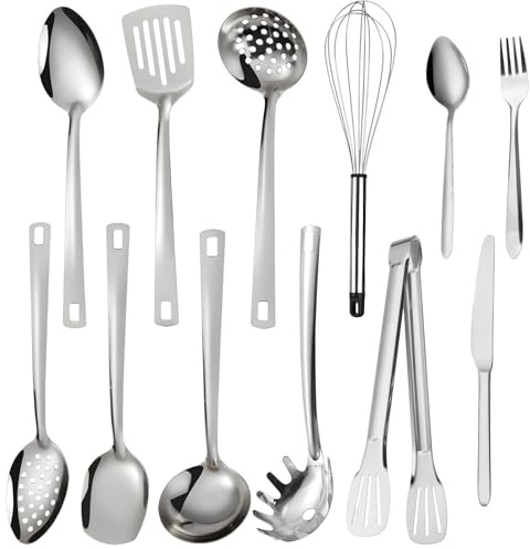 SneiDr Ustensile de Cuisine Set 12PCS Polyvalent en Inox Poli Miroir | Ustensile Cuisine Louche Inox pour Cuisiner Mélanger Servir et Manipuler Avec Louche Spatule Fouet pour Cuisine Et Maison