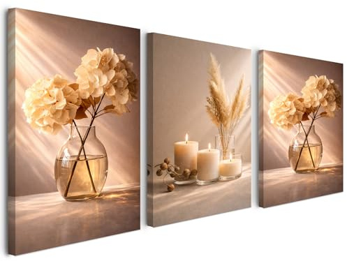 Alptiny Wandbilder Wohnzimmer Set 3er 30x40 cm mit Rahmen – Moderne Leinwandbilder Beige Minimalistisch, Poster & Wanddeko Wohnzimmer, HD Druck, Mit Haken & Klett, Ohne Bohren